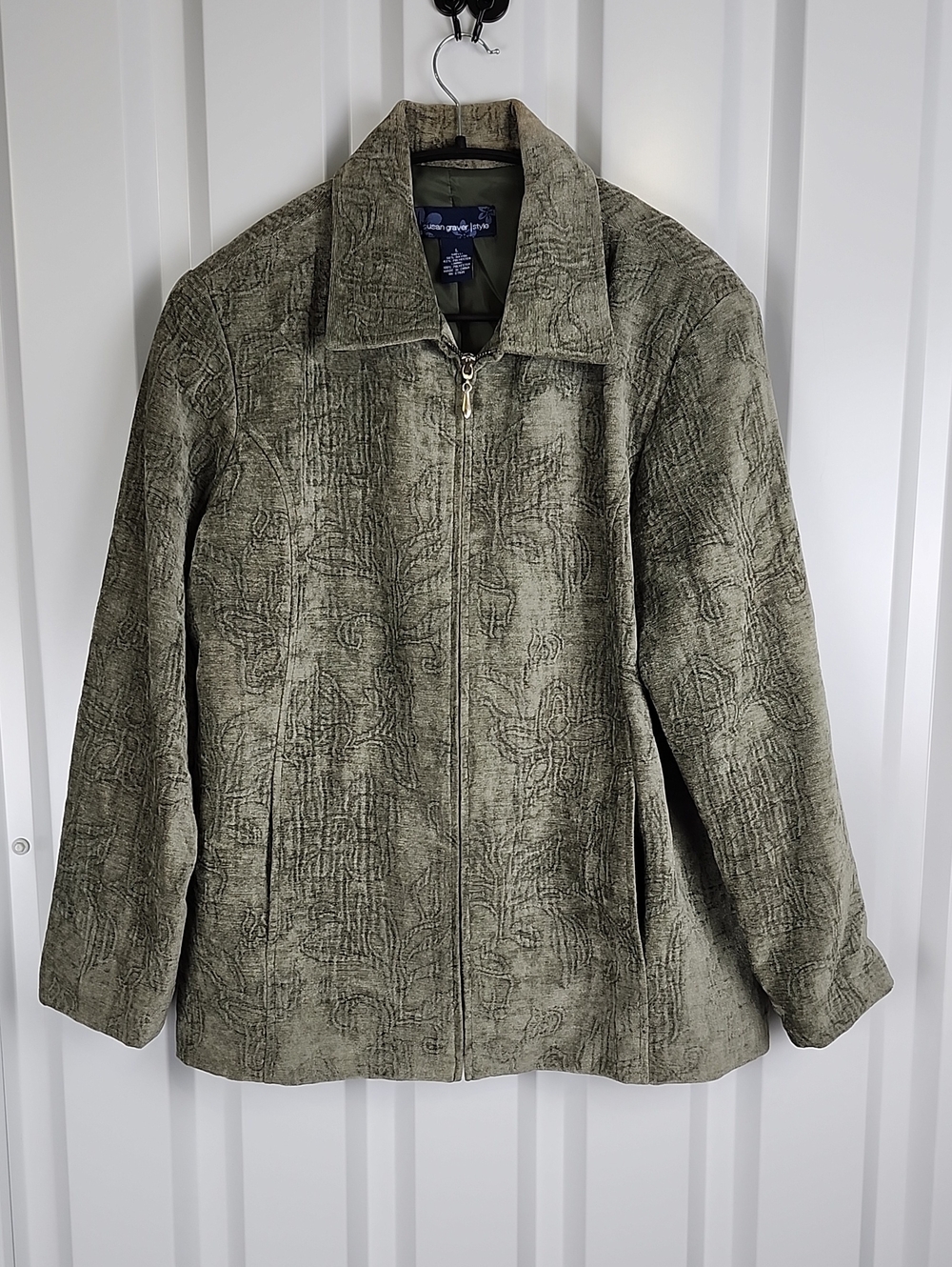 Susan Graver Jacket Olive Floral Embossed Textured Zip-Front Large Layering EUC